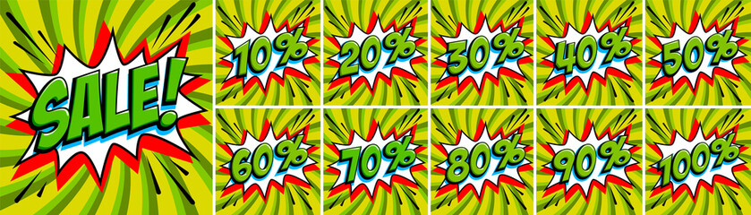 Big orange color sale set. Sale inscription and all percent numbers. orange and red colors. Pop-art comics style web banners, flash animation, stickers, tags.