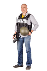 military press photographer with a professional camera. Isolated on white background