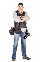 military press photographer with a professional camera. Isolated on white background