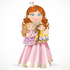 CCute little princess girl holding in arms dolls isolated on a white background