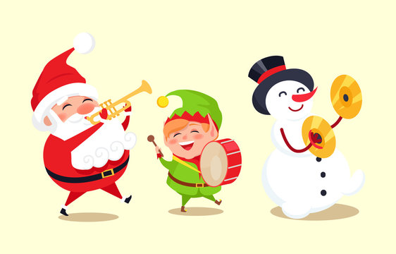 Santa Claus with Elf and Snowman Playing Music