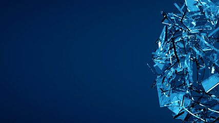 Blue shattered transparent glass explosion