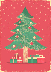 Christmas tree.Vector vintage card on old paper poster