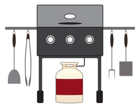 A Metal Barbecue Grill With Tools Is Attached To A Propane Tank And Ready For Business