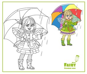 Fairy girl with wings in raincoat is standing under an umbrella color and outlined isolated on a white background