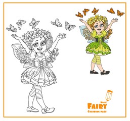 Cute girl in the costume of a spring fairy with butterflies color and outlined isolated on a white background