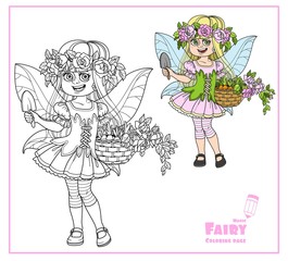 Cute girl in the costume of summer fairy in flower wreath of roses and with basket with sprouts in hands color and outlined isolated on a white background