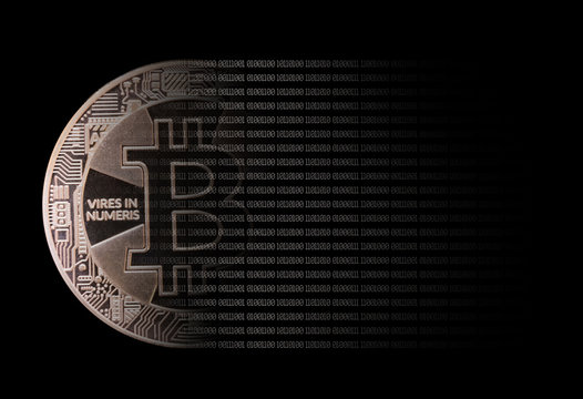golden bitcoin dissolving into binary code blockchain concept