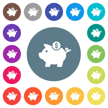 Dollar piggy bank flat white icons on round color backgrounds