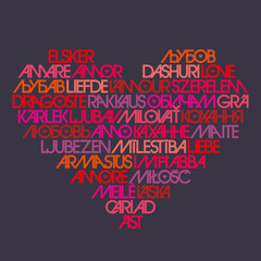 Love typography. Avant-garde typography. Word cloud in heart shape. Love in multiple different languages.