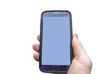 Modern black phone with rounded edges in man hand. Blue screen for mockup, isolated on white background