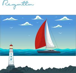 Naklejka premium Blue sea with yacht and lighthouse.