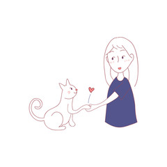 Cat Shake Hand with Girl. Vector Illustration.