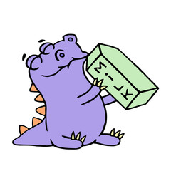 Cute reptile is drinking milk. Vector illustration.