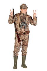 male hunter with double barreled shotgun Isolated on white background. hunting and people concept.