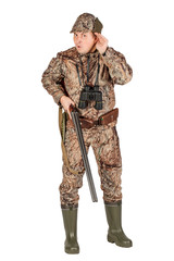 male hunter with double barreled shotgun Isolated on white background. hunting and people concept.