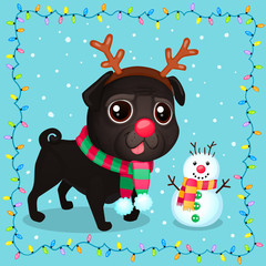 Vector cartoon Christmas dog in a frame of garlands. Symbol of new year 2018. Color illustrations with cute black pug in a deer costume and snowman. Winter background with Christmas lights and snow.