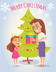 Merry Christmas Poster with Mother and Daughter