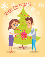 Fototapeta premium Merry Christmas Poster Husband Give Present Wife