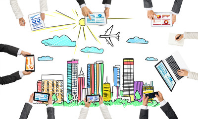 Top view of businesspeople sitting at table and using gadgets