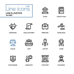 Law and justice - line design icons set