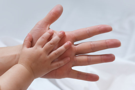 mom holds the hand of a young child
