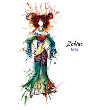 Zodiac. illustration of the astrological sign of Aries as a beautiful girls. The illustration on decorative