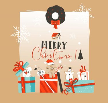 Hand Drawn Vector Abstract Merry Christmas And Happy New Year Time Vintage Cartoon Illustrations Greeting Card Template With Pet Dogs In Surprise Gift Box Isolated On White Background