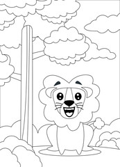 coloring page of a Lion sit and smiling.