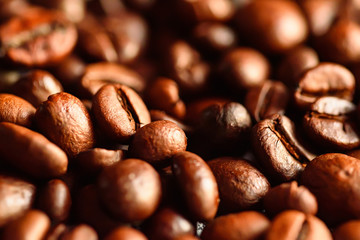 Close-up of brown roasted coffee beans