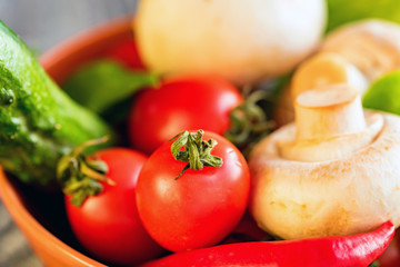Vegetables, eggs and mushrooms. Rustic food