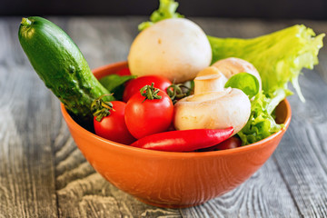 Vegetables, eggs and mushrooms. Rustic food
