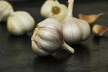 Garlic on a dark background. Close-up.