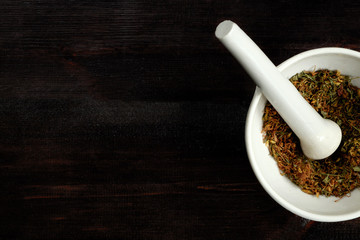mortar and pestle herb crushing copy space