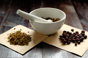 mortar and pestle herb crushing copy space