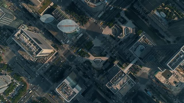 Aerial over city and skyscrapers
