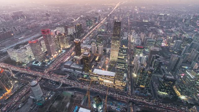 Timelapse. Aerial View of City Skyscrapers and Traffic Flow at Sunrise,Beijing,China.