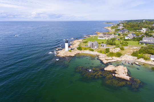 Annisquam Harbor Lighthouse aerial view, Gloucester, Cape Ann, Massachusetts, USA. This historic lighthouse was built in 1898 on the Annisquam River.