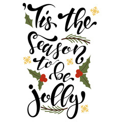 Naklejka premium Tis the season to be jolly type. Christmas greeting card with mistletoe, snowflakes and hand drawn lettering. Vector illustration for holidays isolated on a white background.