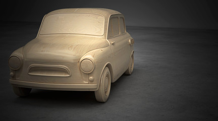 Auto stilizzata in legno, illustrazione 3d
