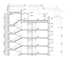 Detailed architectural plan of multistory building. Cross-section view. Vector blueprint. Architectural background.