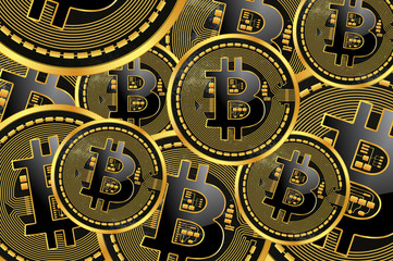 Fototapeta na wymiar Many stacked Bitcoin cryptocurrency coins
