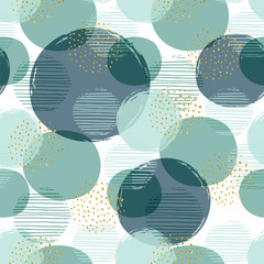 Abstract geometric seamless pattern with circles and gold glitter elements.