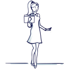 Young business woman in the dress stands and holds a folder in his hand. Hand drawn doodle cartoon vector illustration..