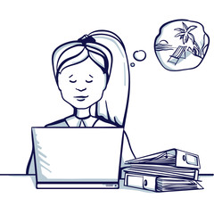 Young business woman sitting at the table, next to her laptop and dreams of a vacation. Hand drawn doodle cartoon vector illustration.