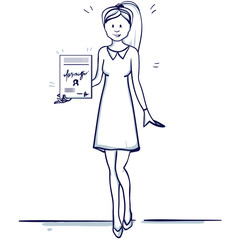 Young business woman stands with a letter. She received a reward or a certificate of honor. Hand drawn doodle cartoon vector illustration.
