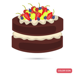 Appetizing chocolate cake with cream and berries color flat icon