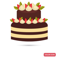 Chocolate cake with cream and strawberry color flat icon
