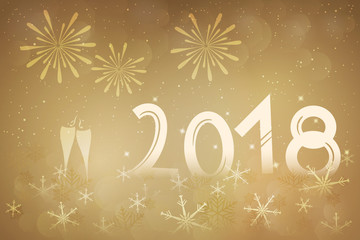 Wintertime. Winter landscape with glasses of champagne and snowflakes in golden colors. Text: 2018.
