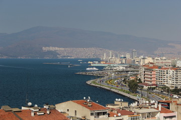Fototapeta na wymiar Landscape shot of coastline aegean city